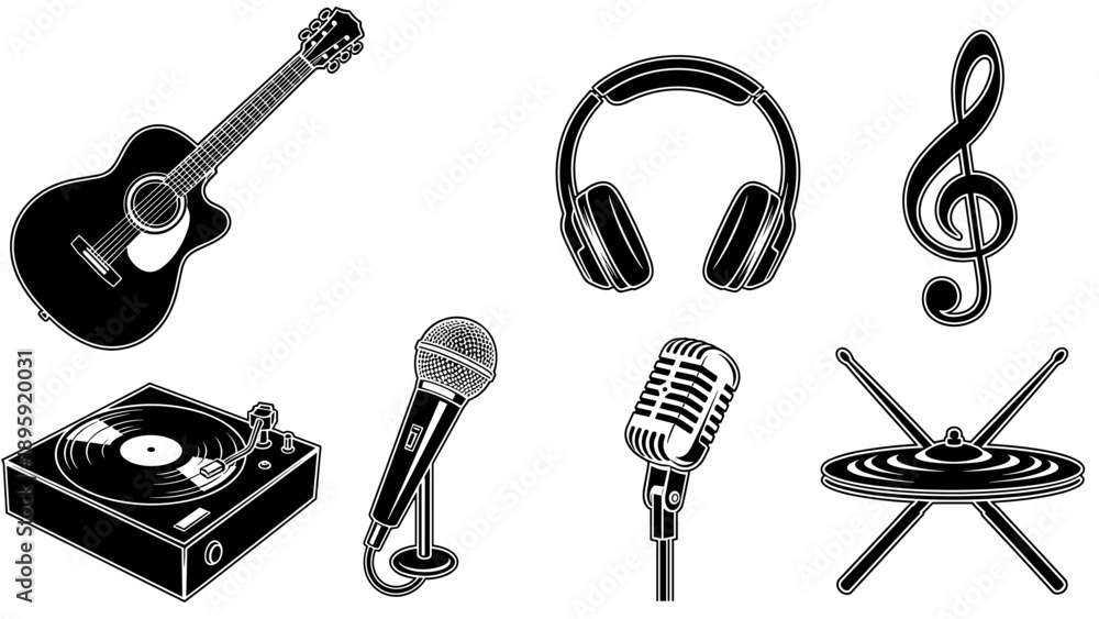 Fototapeta premium Collection of musical instruments and audio equipment in black and white.