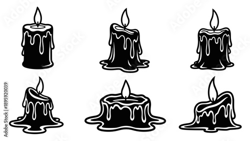 Set of six black and white melting candles with dripping wax.