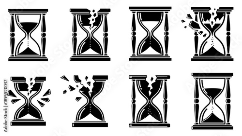 Collection of hourglasses in various states of completeness and breakage, symbolizing time and its fleeting nature.
