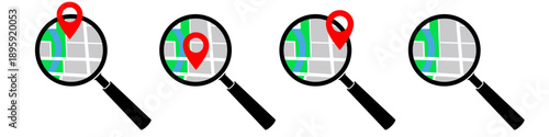 Set of map magnifying glass and location vector for navigation. Symbolizes search and finding places. Ideal for travel apps and GPS icons.
