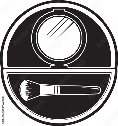 Black and white of a makeup compact with mirror and powder brush cosmetic