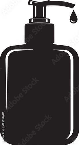 Black silhouette of a liquid soap dispenser with a drop falling pump bottle hygiene sanitation