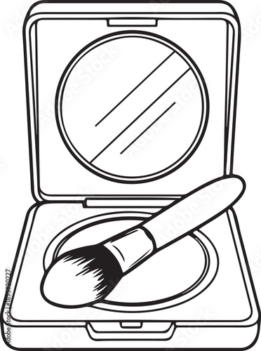 Open compact makeup case with mirror and powder brush cosmetic