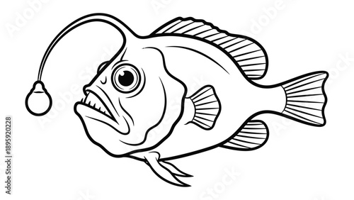 Anglerfish illustration: An artistic depiction of an anglerfish, a deep-sea creature. Focusing on its unique features and bioluminescent lure, a study of this intriguing sea life.