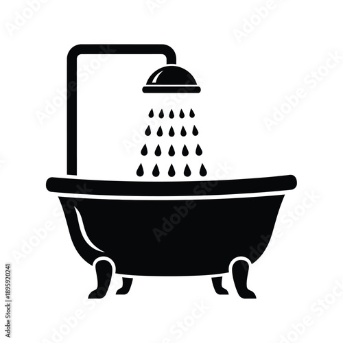 A black silhouette of a clawfoot bathtub with a shower head and raindrops