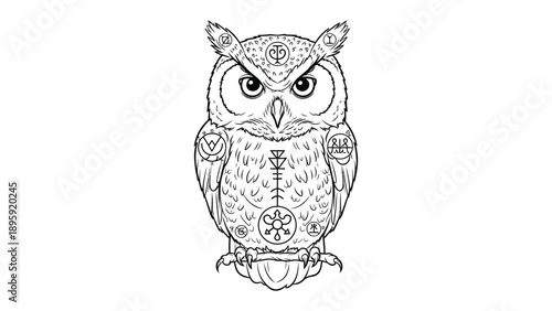 Wise Owl Illustration: A detailed, artistic illustration of an owl, adorned with intricate patterns and symbols. Ideal for adding a touch of wisdom and mystique to your design projects.