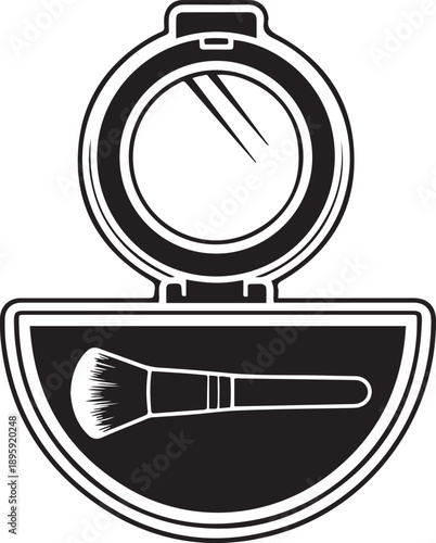 Open compact makeup case with mirror and powder brush inside black and white cosmetics beauty