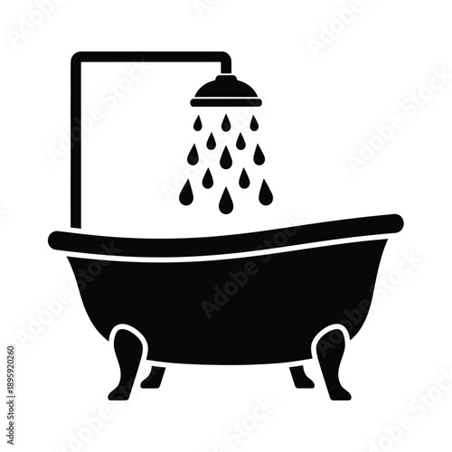 Black silhouette of a clawfoot bathtub with shower head and raindrops