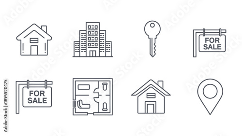 Real Estate Icons: A collection of meticulously crafted icons represents various facets of the real estate industry, from cozy houses to towering apartment complexes.