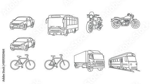 Diverse Transportation Collection: An array of transportation options. Includes car, bus, motorcycle, bike, truck and train. Perfectly showcases various transportation modes.