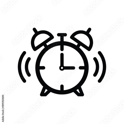 A black and white illustration of an alarm clock ringing loudly