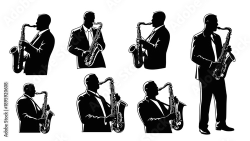Silhouette Collection of Saxophone Players in Various Poses.
