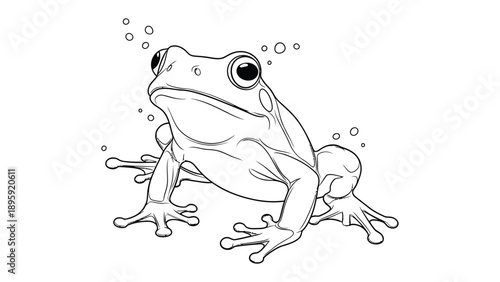 Frog's Portrait: A detailed illustration of a frog, depicted with intricate line work, reveals its unique anatomy and character, suitable for educational or artistic applications.