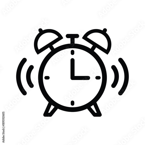 A black line icon of an alarm clock ringing on a with sound waves