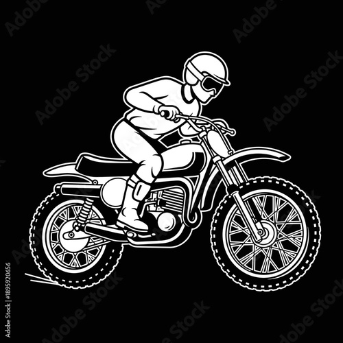 Monochrome illustration of a person riding a dirt bike.