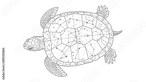 Celestial Sea Turtle: A sea turtle illustration that depicts the connection between marine life and celestial wonders. Detailed outline of a sea turtle's shell, adorned with constellations.