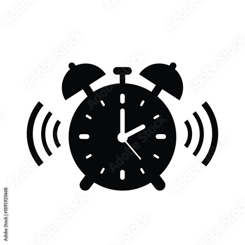 Black silhouette of an alarm clock ringing with sound waves