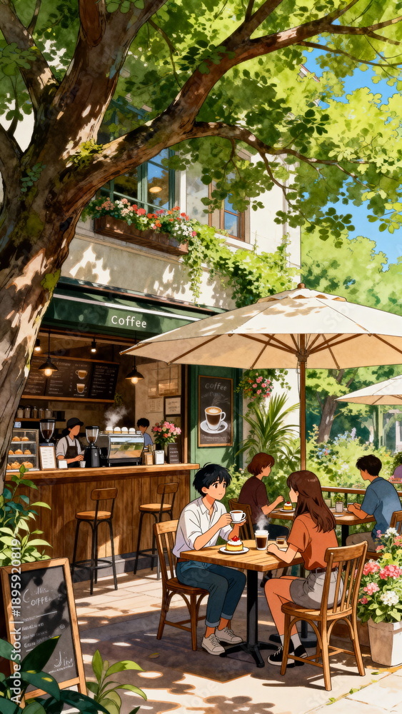 Obraz premium Summer Sunshine Forest Cafe Illustration