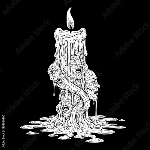 Melting candle with screaming faces, a dark and eerie illustration.