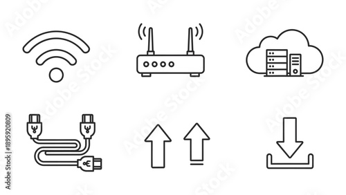 Digital Network Symbols: A clean and concise composition of digital network symbols that convey the essence of wireless connectivity, router, cloud storage, and data transfer.