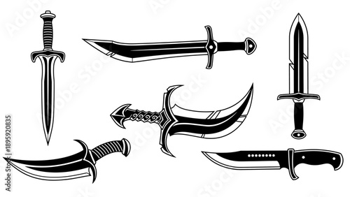 Collection of Vintage Daggers and Knives in Monochrome Style.
