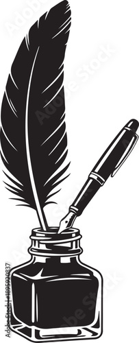 Black and white of a quill pen and inkwell with a feather writing calligraphy