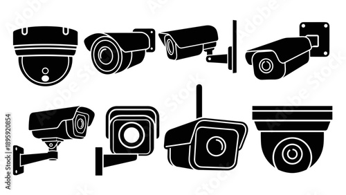 Collection of various security cameras in black silhouette, illustrating different surveillance systems.