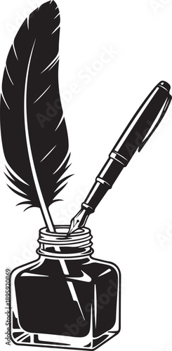 Black feather quill pen in inkwell with ink bottle writing
