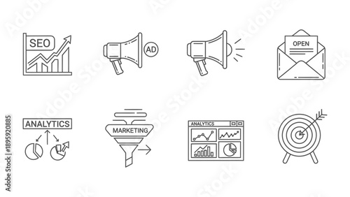Digital Marketing Icons: A collection of meticulously crafted digital marketing icons, each representing key concepts and strategies essential for online success. 