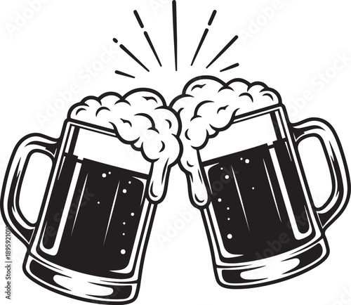 Two black and white beer mugs clinking with overflowing foam and bubbles toasting celebration