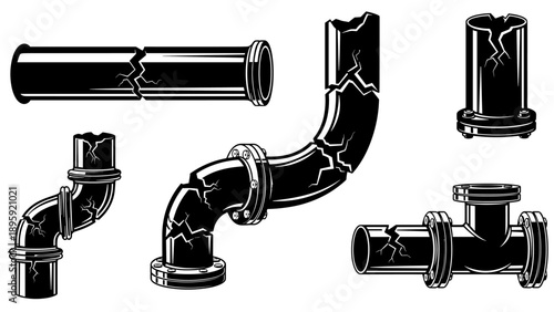 Set of Broken and Damaged Industrial Pipes and Plumbing Elements.