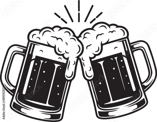 Two overflowing beer mugs clinking together with frothy foam and radiating lines toasting celebration