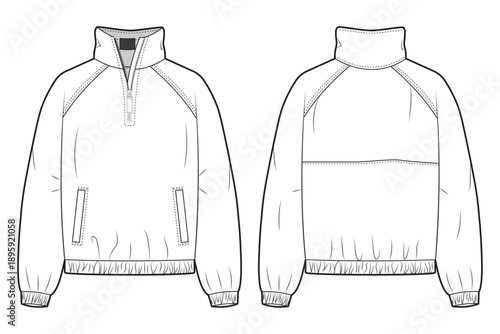 raglan sleeve sweatshirt template. flat sketch technical  half zip jacket front and back view mockup, athletic pullover, raglan sleeve, zipper collar, turtle collar, CAD design illustration. 