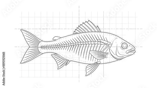 Anatomy of a Fish: An intricate illustration reveals the skeletal structure of a fish, offering a glimpse into its internal framework with detailed precision.