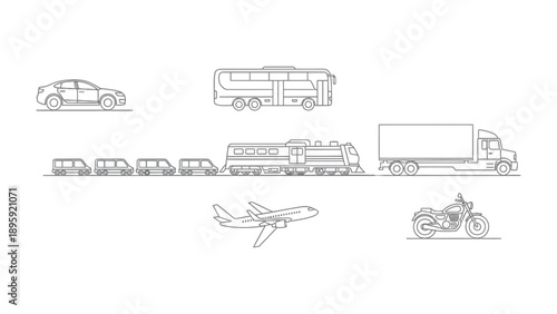 Diverse Transport Options: A comprehensive collection of various vehicles showcases diverse transportation modes, featuring a sleek car, a double-decker bus, a classic train, a heavy-duty truck.
