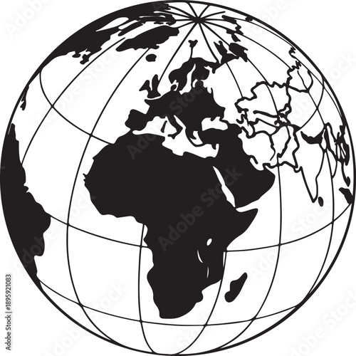Stylized Black and White Globe Vector with Latitude and Longitude Lines, Representing Global Connections and International Scope
