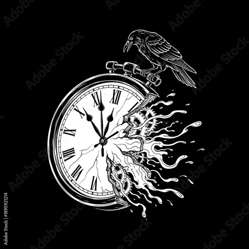 Raven perched on melting clock face symbolizing time decay.