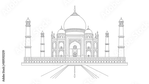 Taj Mahal Architectural Sketch: A detailed architectural sketch of the iconic Taj Mahal, a symbol of love and a masterpiece of Mughal architecture.
