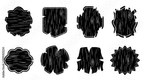 Set of eight unique grunge texture shapes with distressed wood grain patterns.