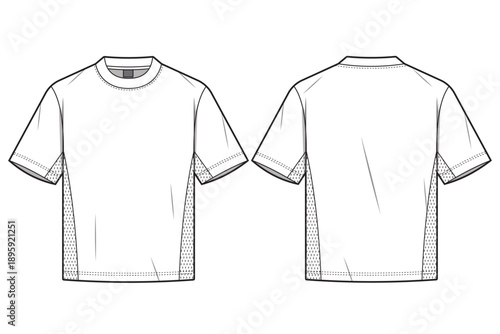 Mesh t-shirt template. flat sketch technical mesh tee shirt fashion illustration, front and back, slim fit, CAD drawing. vector mesh t-shirt mockup.