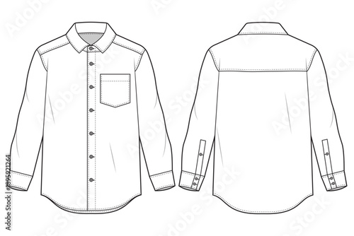 man oxford shirt technical fashion template.  flat long sleeve casual shirt front and back view. button-up, pocket, casual shirt, CAD drawing, technical shirt mockup.