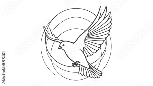 Soaring Dove of Peace: A graceful dove in mid-flight, its wings spread wide, encircled by symbolic rings, representing peace and hope.