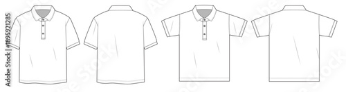 Polo shirt technical fashion template. flat sketch golf shirt, front and back, CAD drawing. polo shirt mockup and template, vector design.