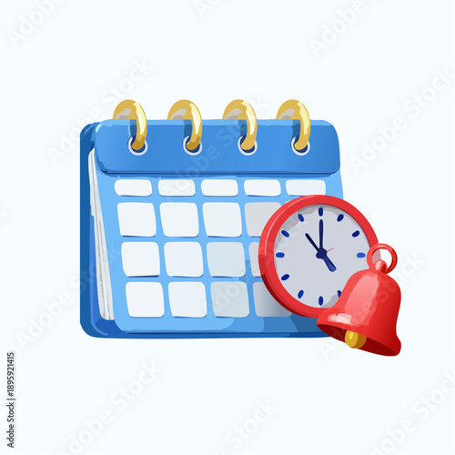 Calendar with clock and bell 3d render. Blue organizer with rings and week lined up floating near red watch and bell