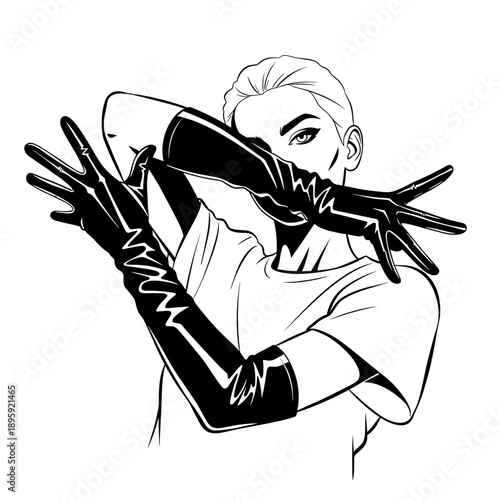 Stylish woman in long gloves covering face with arms.