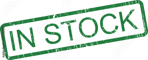 A bright green rectangular stamp announces the availability of goods or products clearly designated as IN STOCK