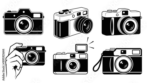 Collection of Vintage Film Cameras and a Hand Holding a Camera.