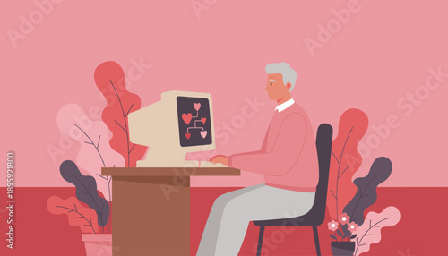 Happy elderly man dating online connecting via an old desktop computer with heart icons