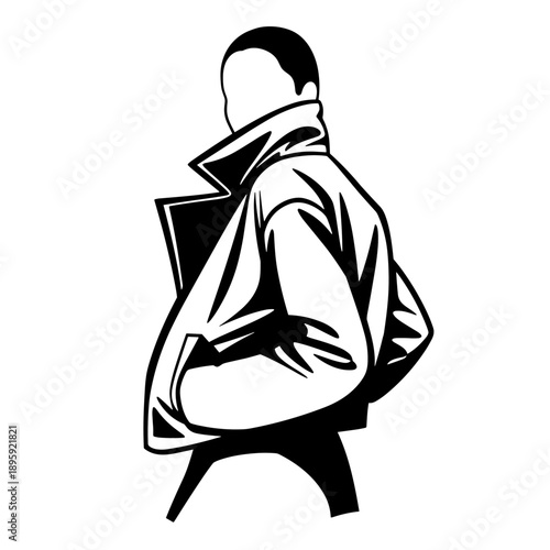 Stylish man in trench coat looking over shoulder black and white illustration.