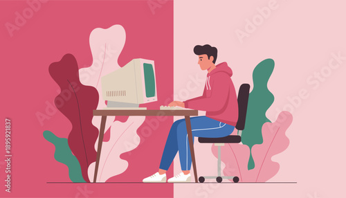 Young man in a hoodie working on a retro desktop computer vector illustration